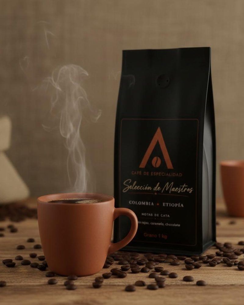 Bolsa Selección de Maestros Colombia Etiopía junto a una taza de café